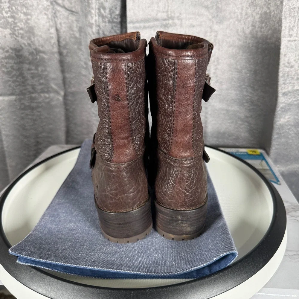 Tory Burch Chrystie Moto Boots 6.5M Brown Pebbled Leather Buckle Zip Lug Sole